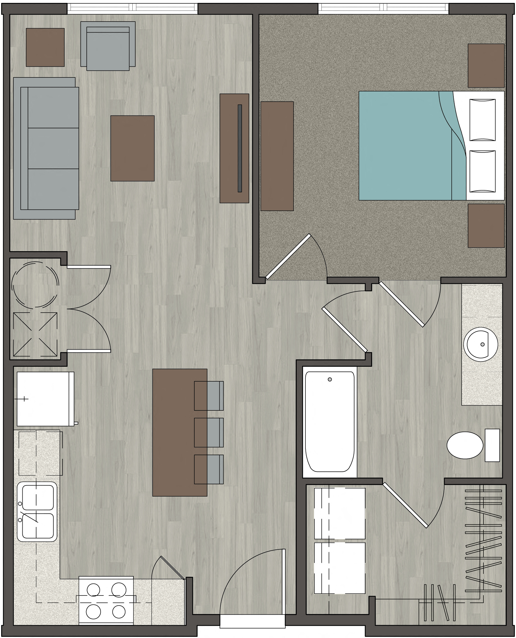 Floor plan for 1 bed, 1 bath, 666 sqft